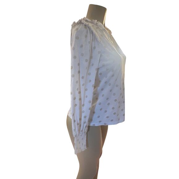 Women 8 Boden T1034 Notch Neck Smocked Frill Top Cream Gold Print Blouse Shirt - Picture 5 of 6